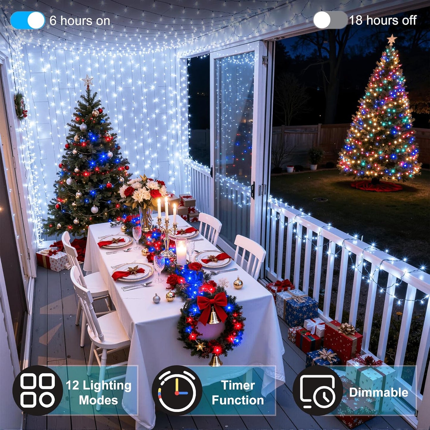 750LED Christmas Lights Outdoor Use, 240ft 12 Modes Cool White LED String Lights with Timer Dimmable, Waterproof Christmas Tree Lights for Xmas Patio Yard Fence Balcony Garden Decor Cool White