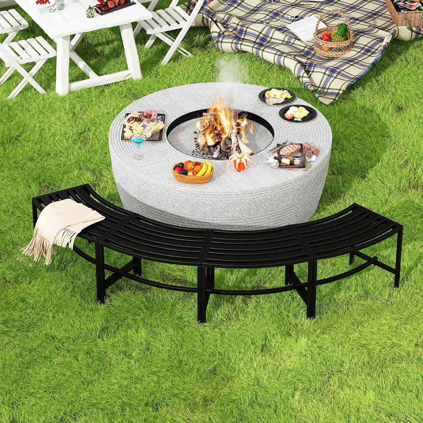 Metal Curved Fire Pit Bench Set of 4, Outdoor Fire Pit Seating, Steel Backless Outside Fire Pit Bench for Garden, Patio, Porch, Backyard, Plant Stand, Heavy Duty Plant Holder, Style 3, Black