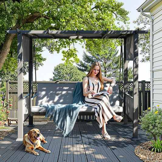 Pamapic 3-Seat Porch Swing Bed with Adjustable Canopy, Outdoor Hanging Swing Chair with Stand, Wicker Armrests, Patio Hammock Swinging for Porch, Backyard, or Garden, Comfortable Cushion, Gray