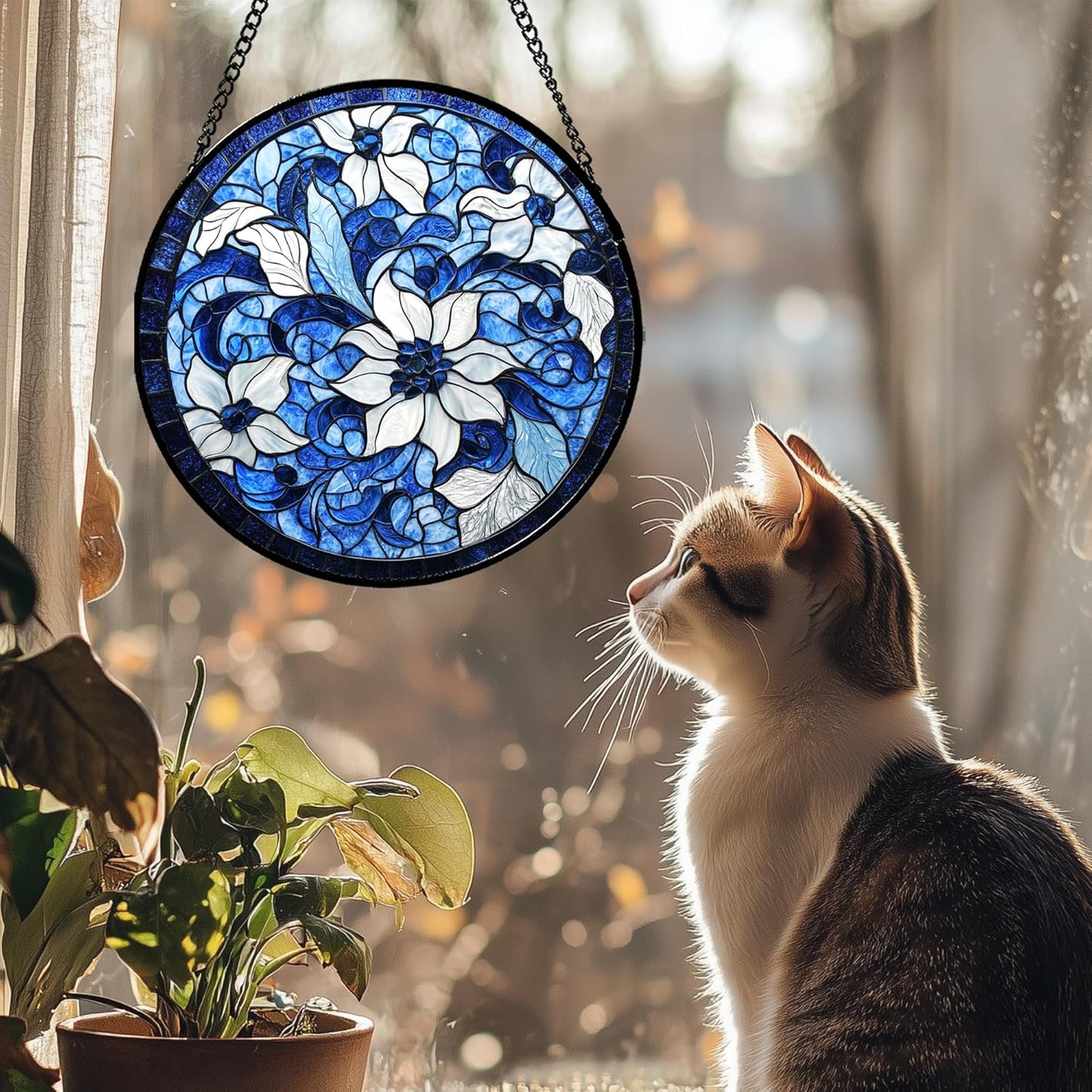 Stained Glass Window Hanging - Blue White Flowers Suncatcher for Doors Garden Patio Boho Style Sun Catchers Decor Christmas Mother's Day Birthday Gifts for Women Men Mom Nana Friend 6.3 in