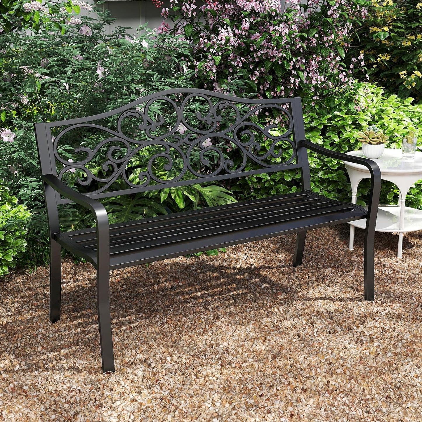 Tangkula 50 Inches Outdoor Garden Park Bench, Cast Iron Metal Patio Bench with Floral Design Backrest, Armrests and Slatted Seat, Outdoor Loveseat Chair for Porch, Lawn and Yard, Black