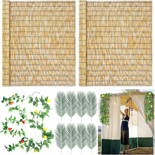 12 Pack Sukkah Kit Decorations for Sukkot 2 Pcs 3.9x9.8ft Natural Reed Bamboo Fencing 8 Pcs Palm Leaves 7.7ft Hanging Pomegranate Garland Sukkah Tent Supplies for Jewish Holiday Party Outdoor Decor