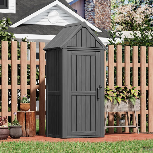 Outdoor Resin Storage Shed, Upgrade Durable Storage Cabinet with Removable Shelves and Lock Ring, Reinforced Floor, All-Weather Construction for Garden Patio Lawn (Black)