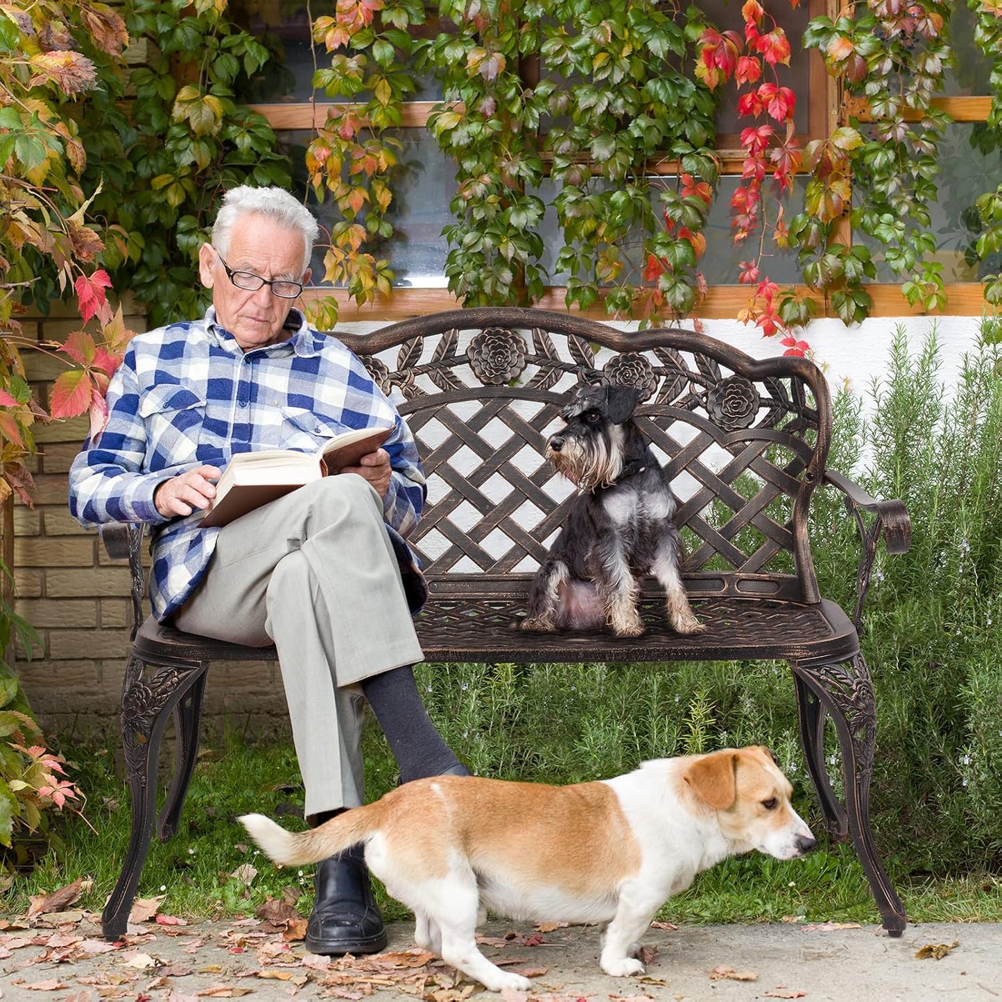 VINGLI 42.5" Patio Garden Bench Outdoor Metal Rose Loveseat, Cast Iron Cast Aluminium Frame Antique Finish Park Chair, Accommodates 2-3 People