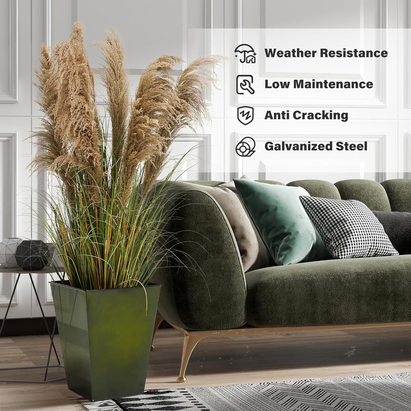 KOL 18''H. Bright Glazed Planter with Drainage Hole, Set of 2, Galvanized Steel Planter Pots for Indoor & Outdoor Use, Decorative Flower Plant Pots for Front Porch, Patio, Deck - Green