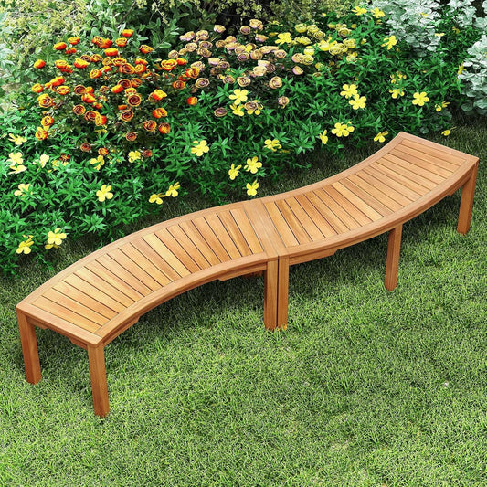 Tangkula Outdoor Curved Bench, Acacia Wood Fire Pit Bench w/Slatted Seat, Patio Backless 2-Person Seating for Porch, Yard, Garden, 800 LBS Max Load, Oil Painted (2, 45")