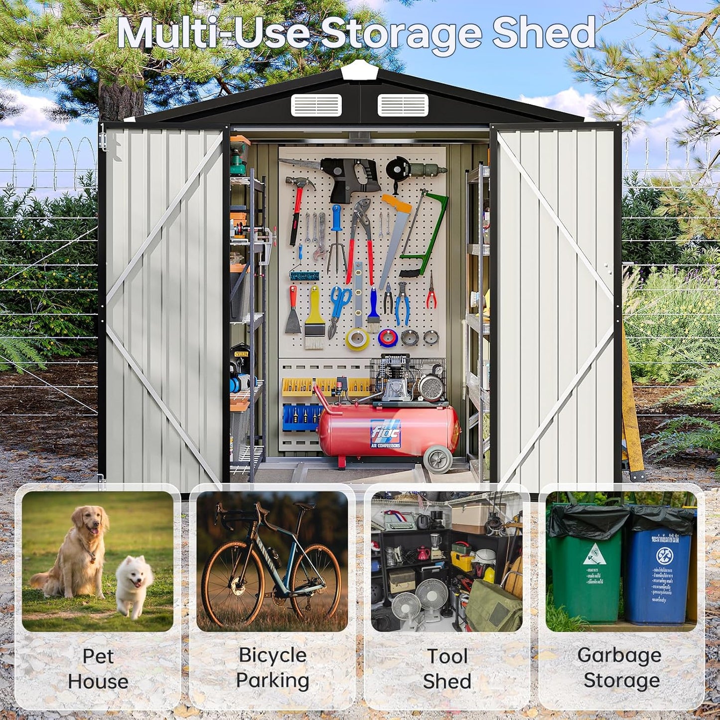 6x4 FT Outdoor Storage Shed with Base, Metal Garden Tool Shed with Sloping Roof & Lockable Door for Patio Lawn Backyard (Black with Base)