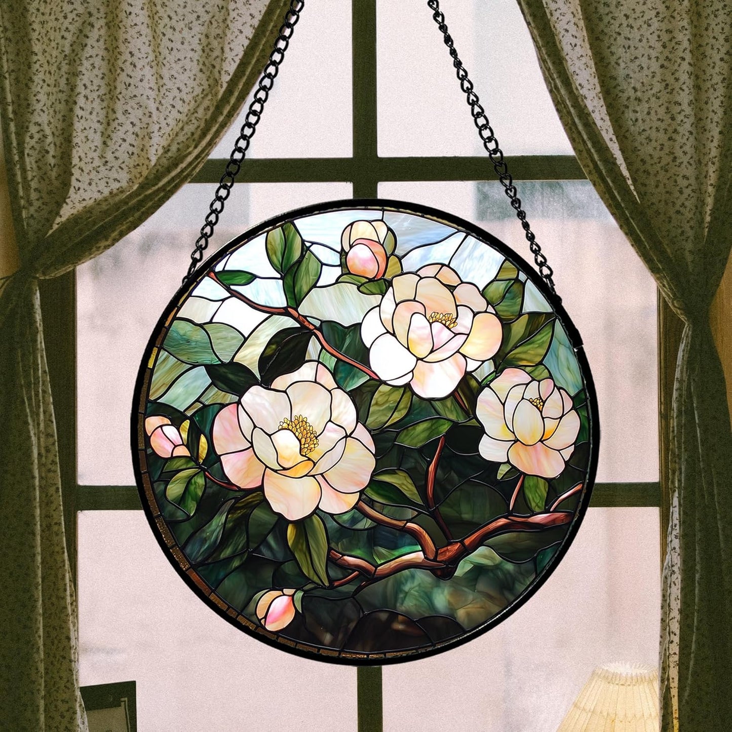 Stained Glass Suncatcher, Light Pink Flowers Green Leaf Sun Catcher Plant Stain Glass Window Hanging Decoration Mother's Day Birthday Gifts for Women Men Mom Nana 6.3 in