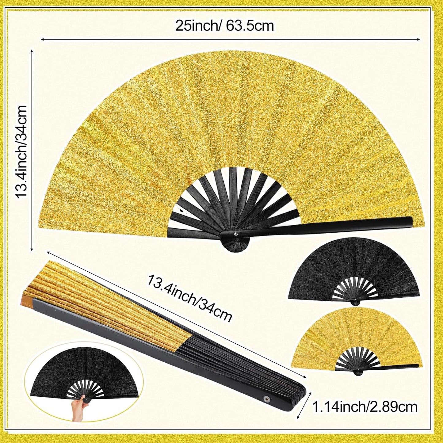 Maitys 2 Packs Large Clap Fans for Line Dancing Large Chinese Folding Hand Fans for Men and Women, Festival, Tai Ji, Kungfu, Martial Art, Gifts (Glitter Black and Gold)
