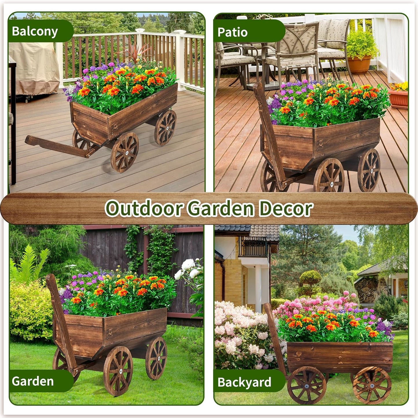 HPC Decor Large Wooden Planter Box with Wheels - Mobile Garden Planter for Flowers, Herbs, Vegetables - Durable Indoor/Outdoor Decor for Patio, Balcony, Yard, Porch - Rustic Flower Cart Design