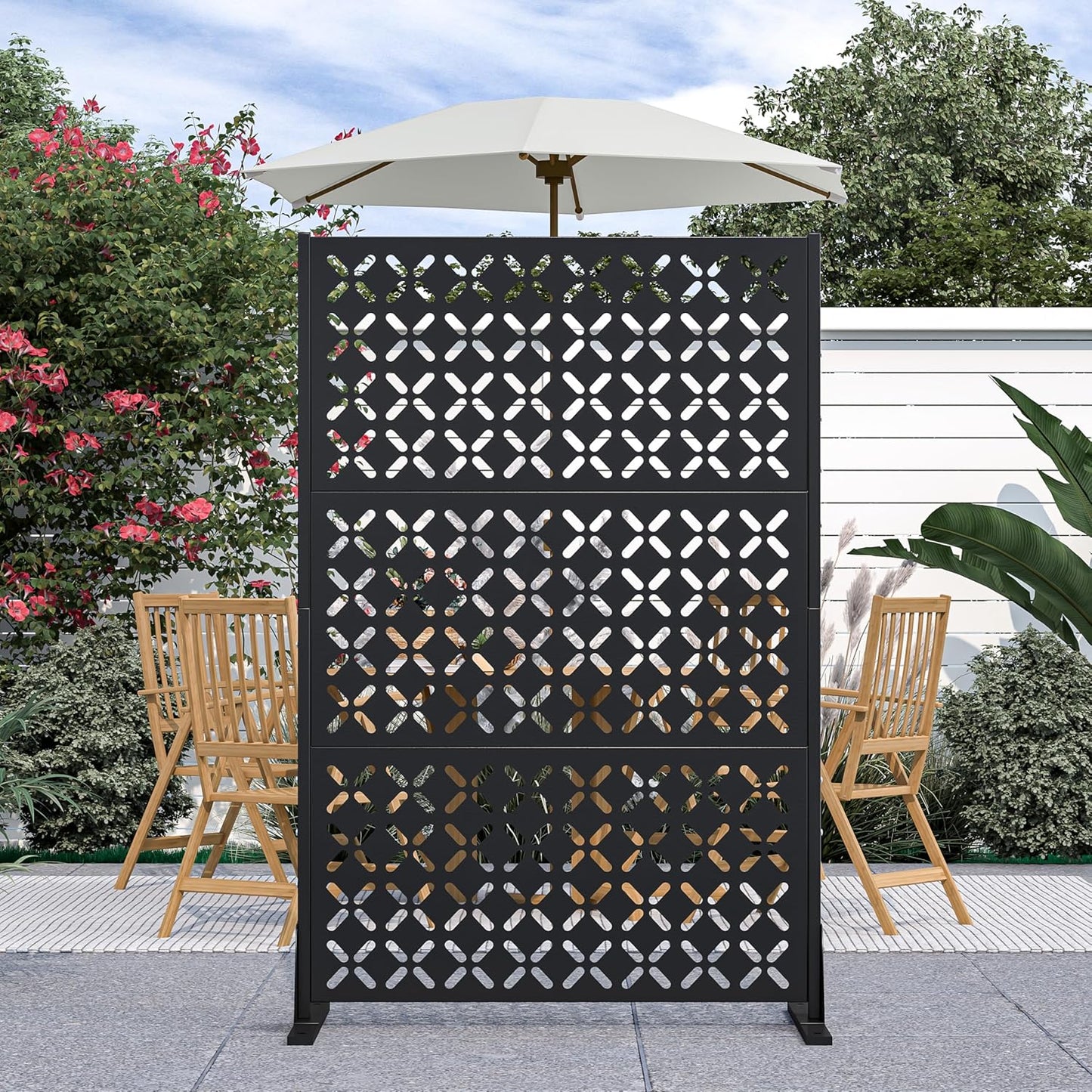 Metal Privacy Screen Outdoor 72" H×47" W,Freestanding Decorative Privacy Screen for Balcony Yard&Garden,Privacy Fence-Black&Louvered (X)