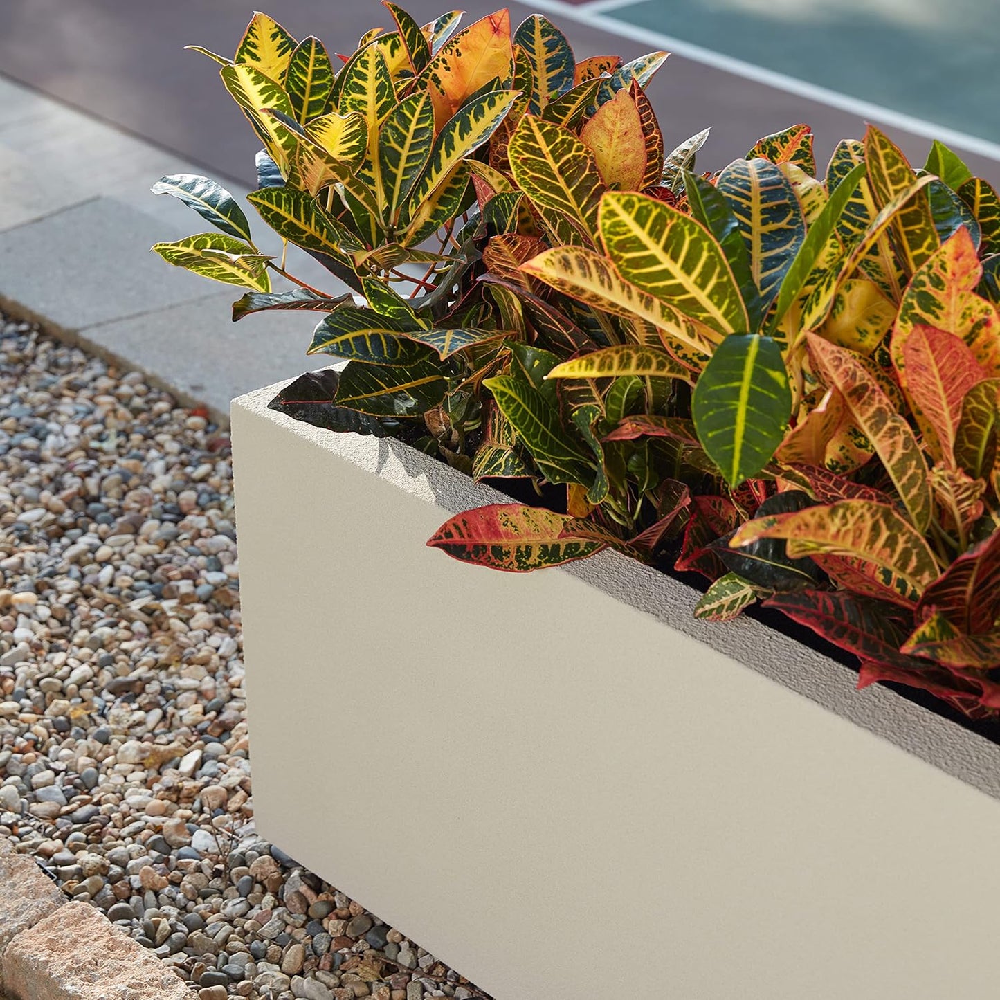 PolyStone Milan Tall Modern Outdoor/Indoor Rectangular Trough Planter, 46" L X 17" W X 19" H, Lightweight, Heavy Duty, Weather Resistant, Polymer Finish, Commercial and Residential (Greige)