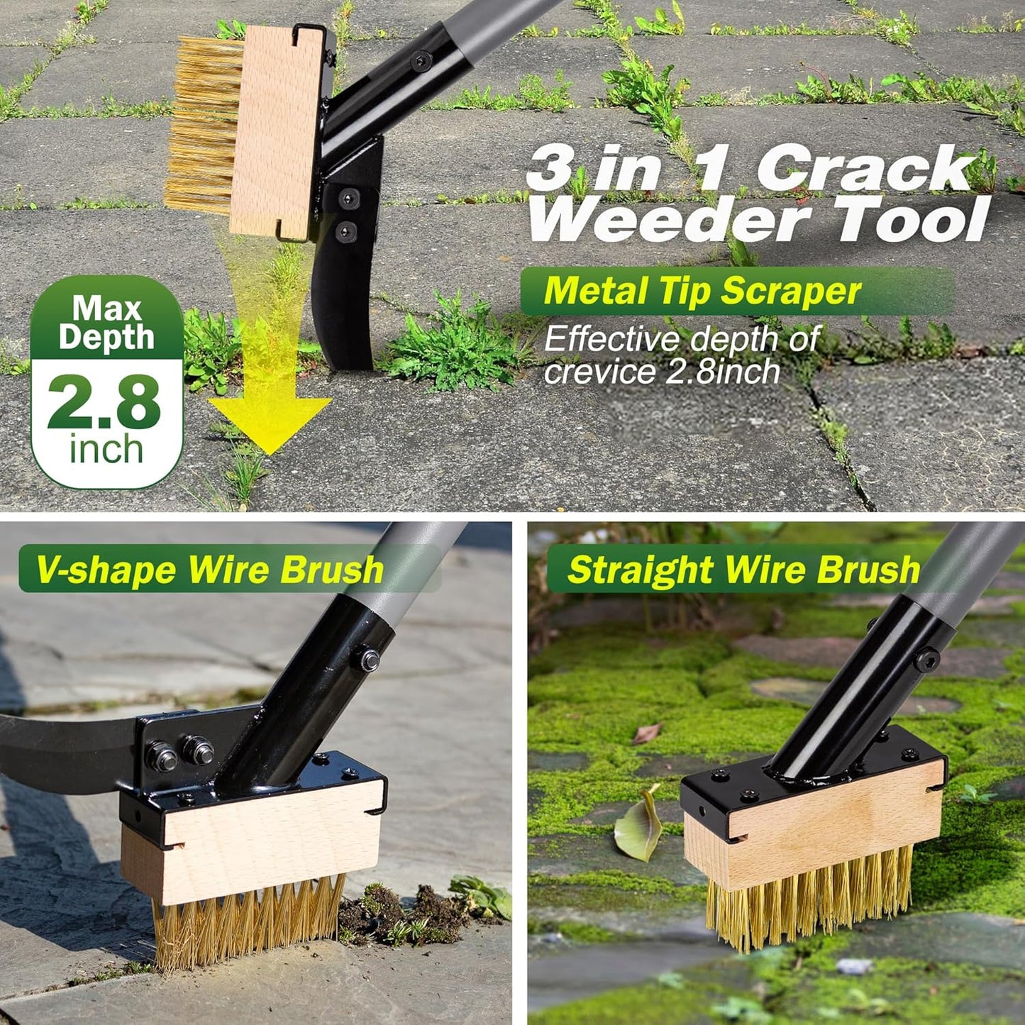 Walensee 3-in-1 Crack Weeder & Moss Remover Brush with 66.5-Inch Adjustable Handle, Weed Puller with 2 Replaceable Brush Heads and Scraper for Deck, Patio, Walkway, Driveway Crevice Cleaning Tool