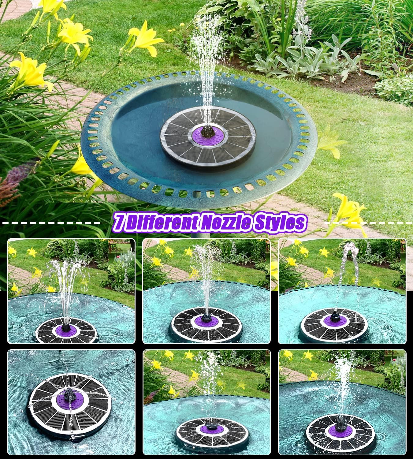 SZMP Solar Fountain 3.5W Bird Bath Fountains with Flower Upgraded Glass Panel, Solar Powered Water Fountain with 7 Nozzle & 4 Fixer, Solar Fountain Pump for Bird Bath, Garden, Pond, Pool (White)