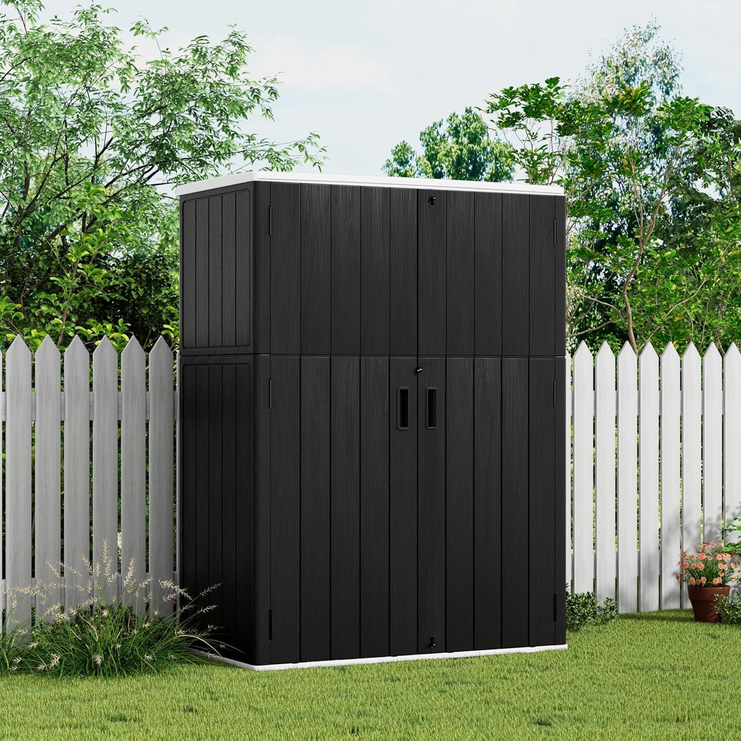 KINYING Outdoor Storage Shed,57 Cu.ft Vertical Outdoor Storage Cabinet Waterproof, Outdoor Resin Tool Shed for Patio Furniture, Garden Tools, Pool Accessories, Lawn Mower(Black Color)