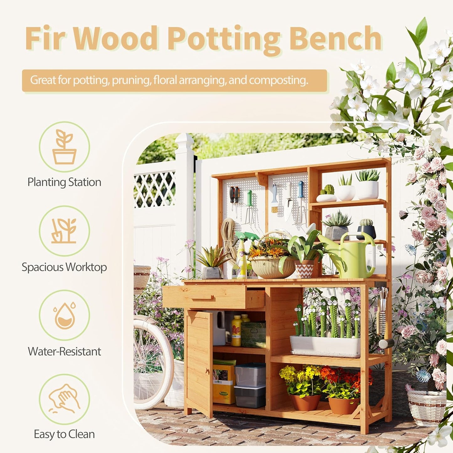 Fir Wood Potting Bench with Hutch - Outdoor Garden Workstation with 4 Shelves, Drawer & Adjustable Storage, 50.2" Countertop, & Pegboard (Natural + Wood + Rustic)