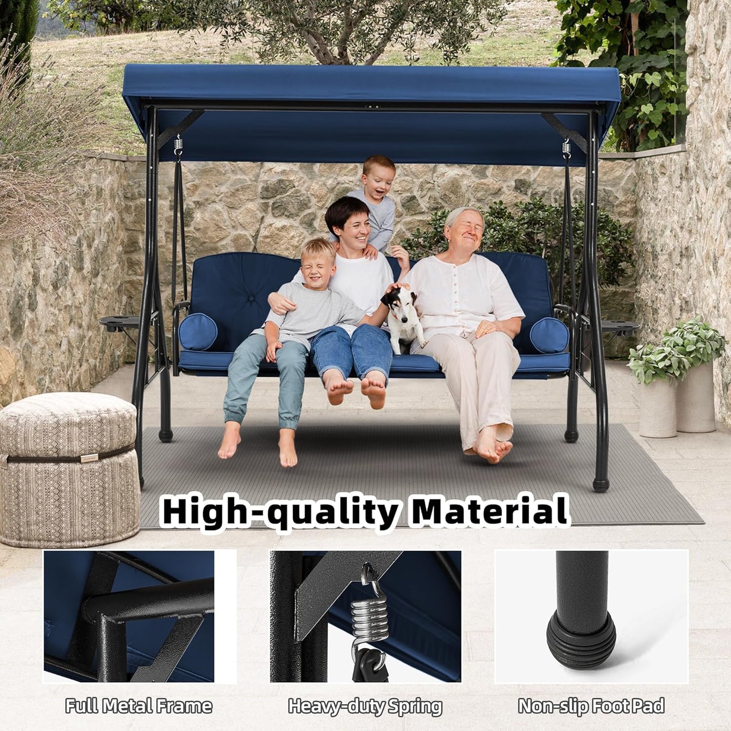 HOMREST 3 Seat Outdoor Porch Swing with Adjustable Canopy, Convertible Patio Swing Bed with Stand, Patio Glider Swing with Upgraded Cup Holder, Thicken Cushions ＆ Pillow for Backyard (Blue)