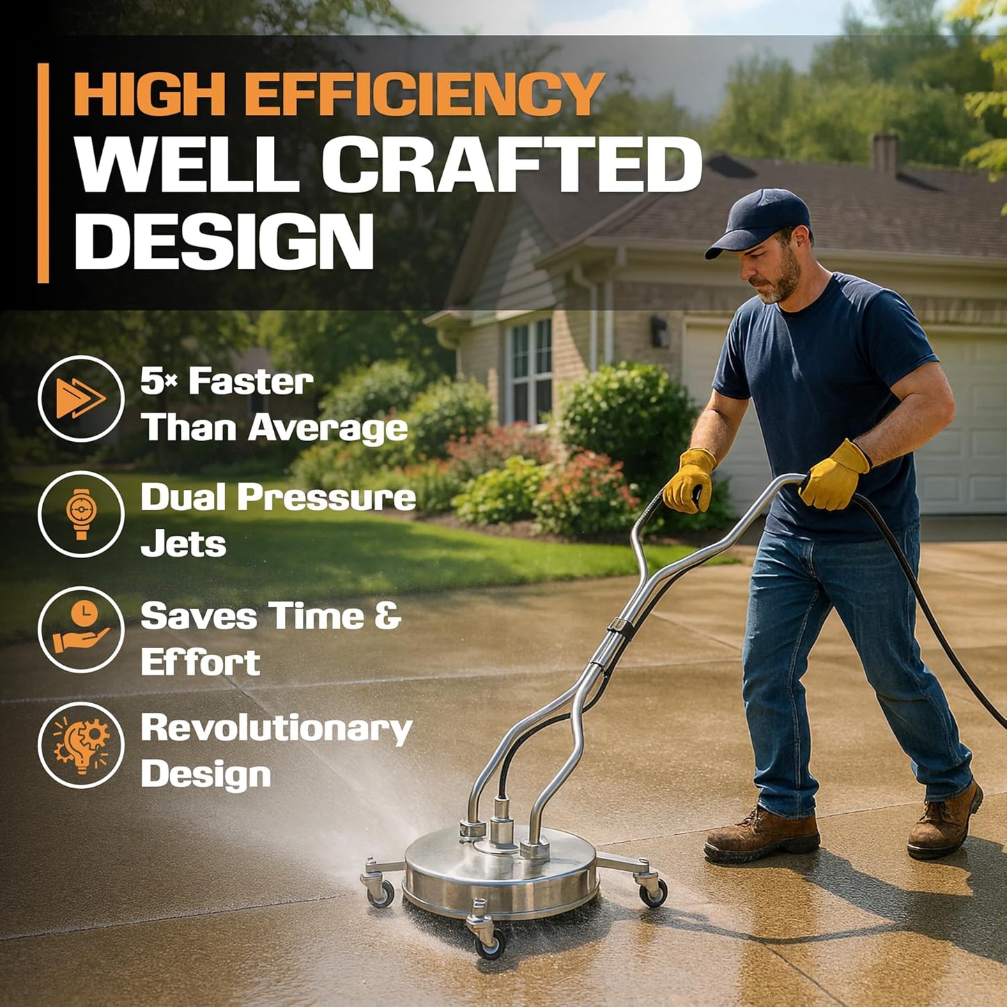 EDOU Dual 24" Pressure Washer Surface Cleaner - Surface Cleaner with Wheels - Heavy Duty Composite, 4,500 PSI Max Working Pressure - Includes 3/8 Inch Quick Connector Kit and Teflon Tape