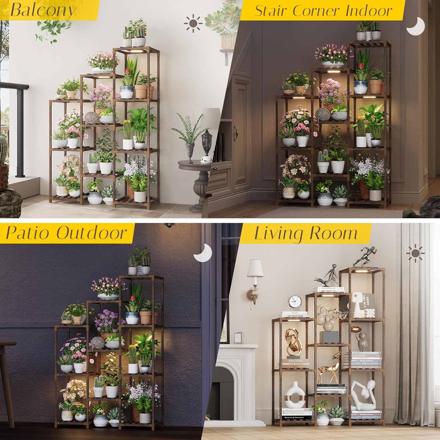 Wooden Plant Stand Indoor with Grow Light, 4-Tier Ladder Plant Shelf for Balcony, Living Room, or Corner | Carbonized Wood Plant Holder for Indoor Use, Space-Saving Design