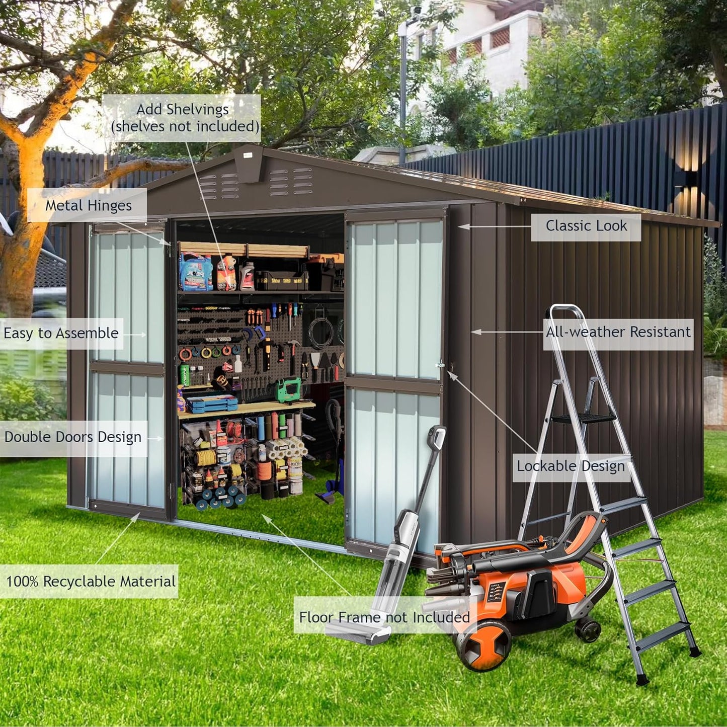Domi Outdoor Storage Shed 10' x 8’, Metal Garden Shed with Galvanized Steel Frame for Bike, Tools, Lawn Mowers, Pool Toys, Outdoor Storage Cabinet with Lockable Door for Garden Lawn Patio (Dark Brown)