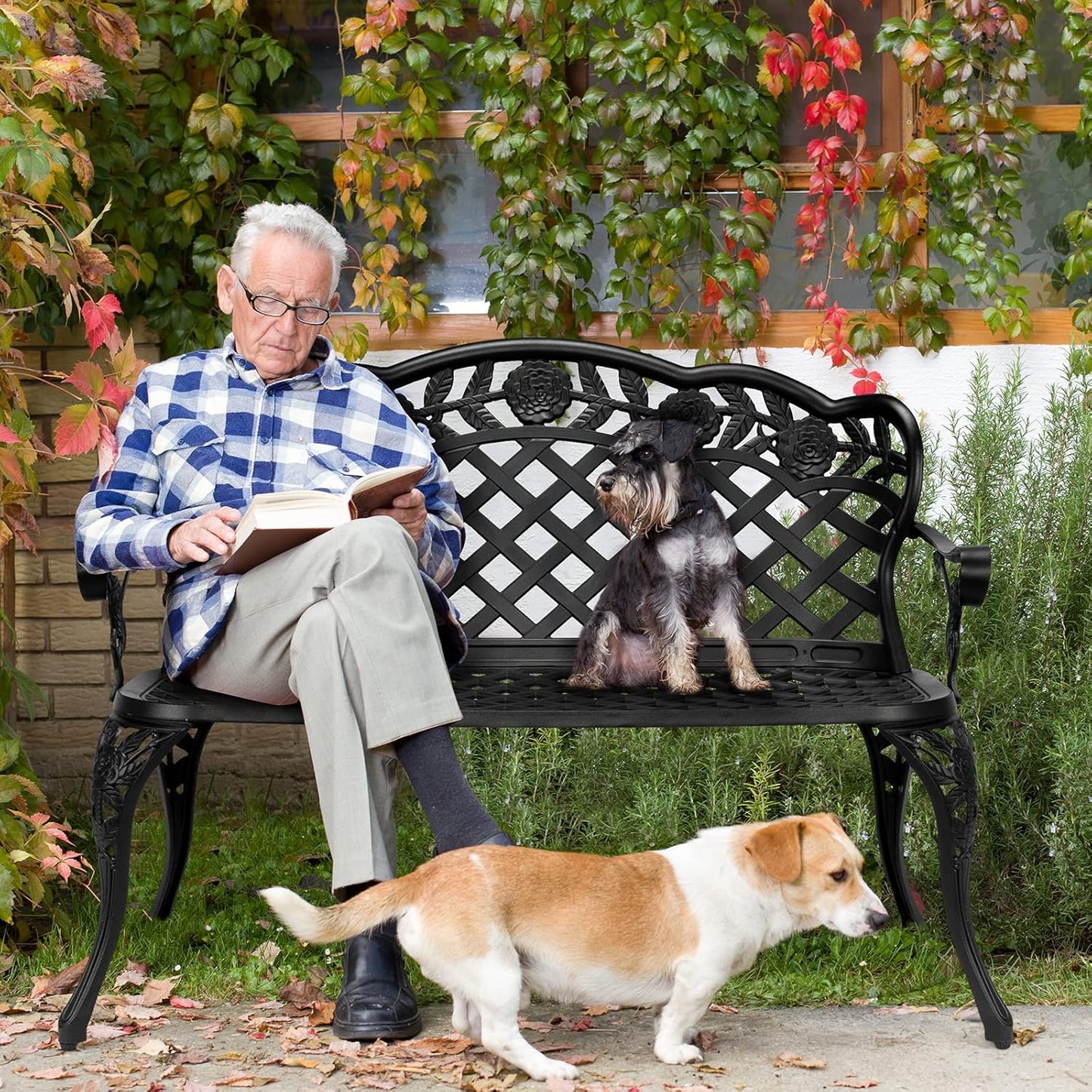 VINGLI 42.5" Outdoor Bench, Antique Cast Aluminum Front Porch Bench Metal Garden Benches Cast Iron Benches 2-3 People Seating (Black)