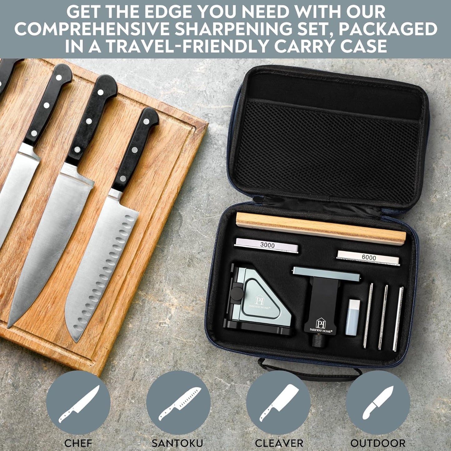 ORIGINAL ADJUSTABLE ROLLING KNIFE SHARPENER KIT: Adjustable Height, 30 Angle Options, 5 Removeable Whetstone Plates, Leather Strop with Travel Case - Kitchen Knife Sharpener