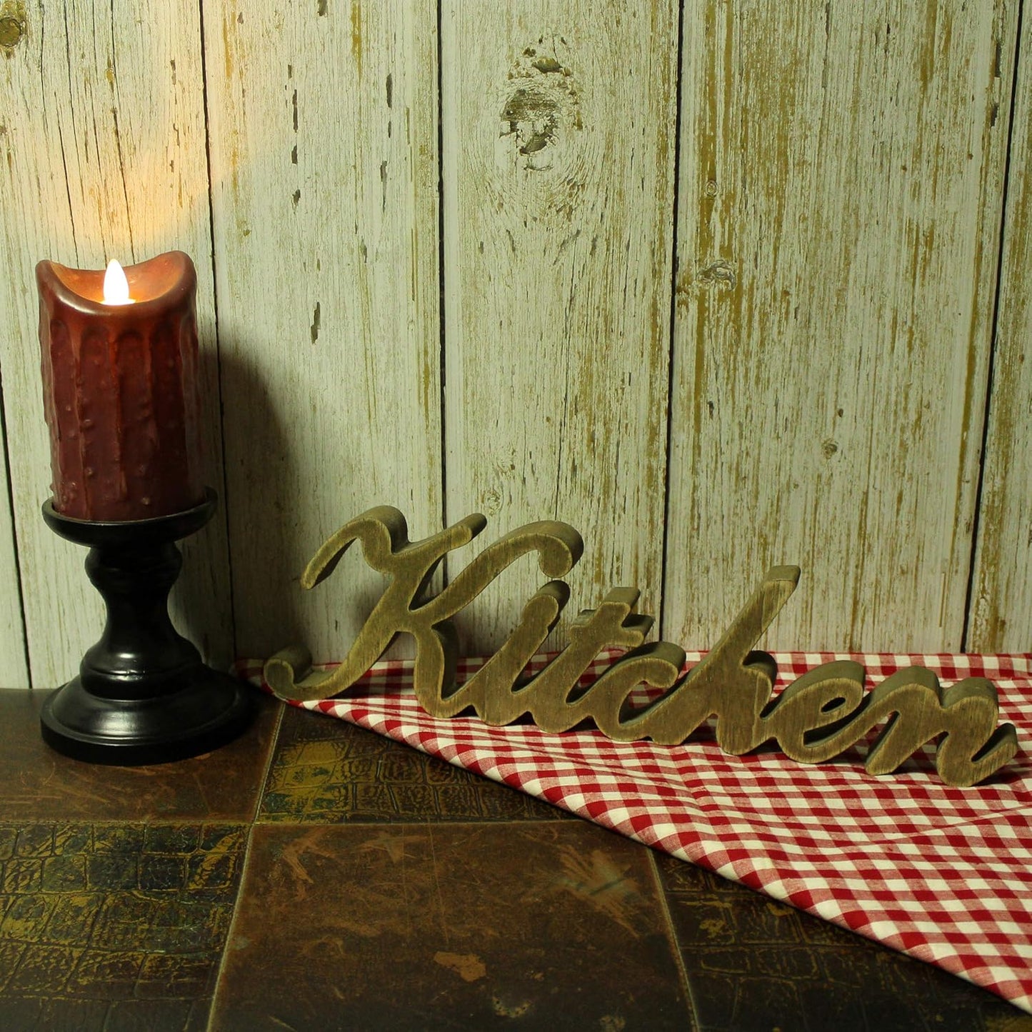 CVHOMEDECO. Rustic Vintage Distressed Wooden Words Sign Free Standing "Kitchen" Desk/Table/Shelf/Door/Home Wall Decoration Art, 15-1/2 x 4-1/4 x 1 Inch