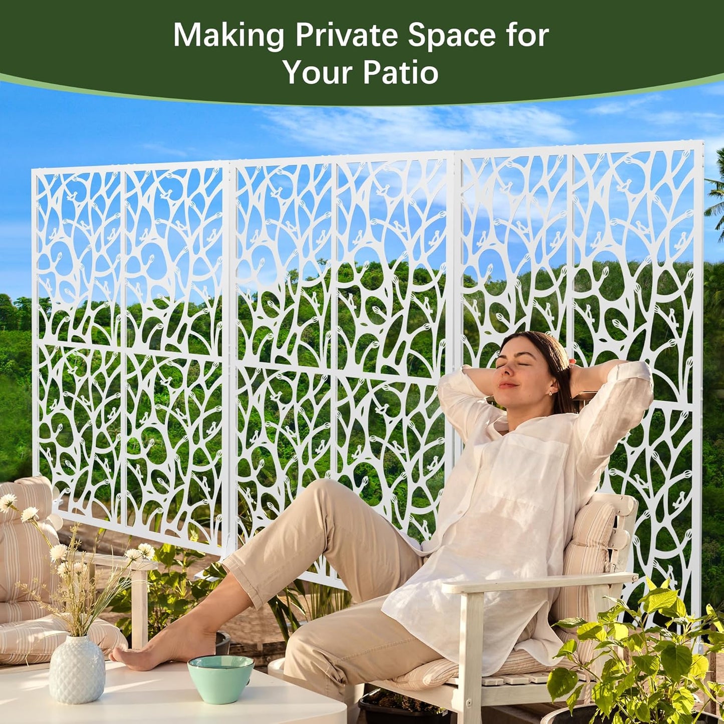 Metal Privacy Screen Outdoor W3.8Ft x H 6Ft Patio Privacy Panels Free Standing Divider Decorative 2 Pack for Balcony Garden Room Lawn Deck(2, White Bird)