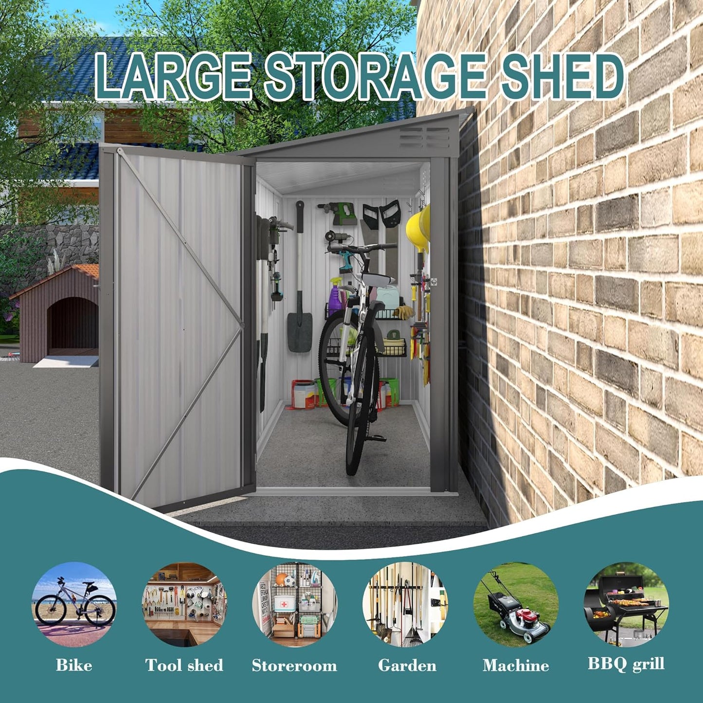 4 * 9.2 FT Outdoor Storage Shed, Galvanized Steel Garden Shed with Lockable Door & Window, Waterproof Metal Tool Storage for Garden, Backyard, Patio, Lawn(Gray)