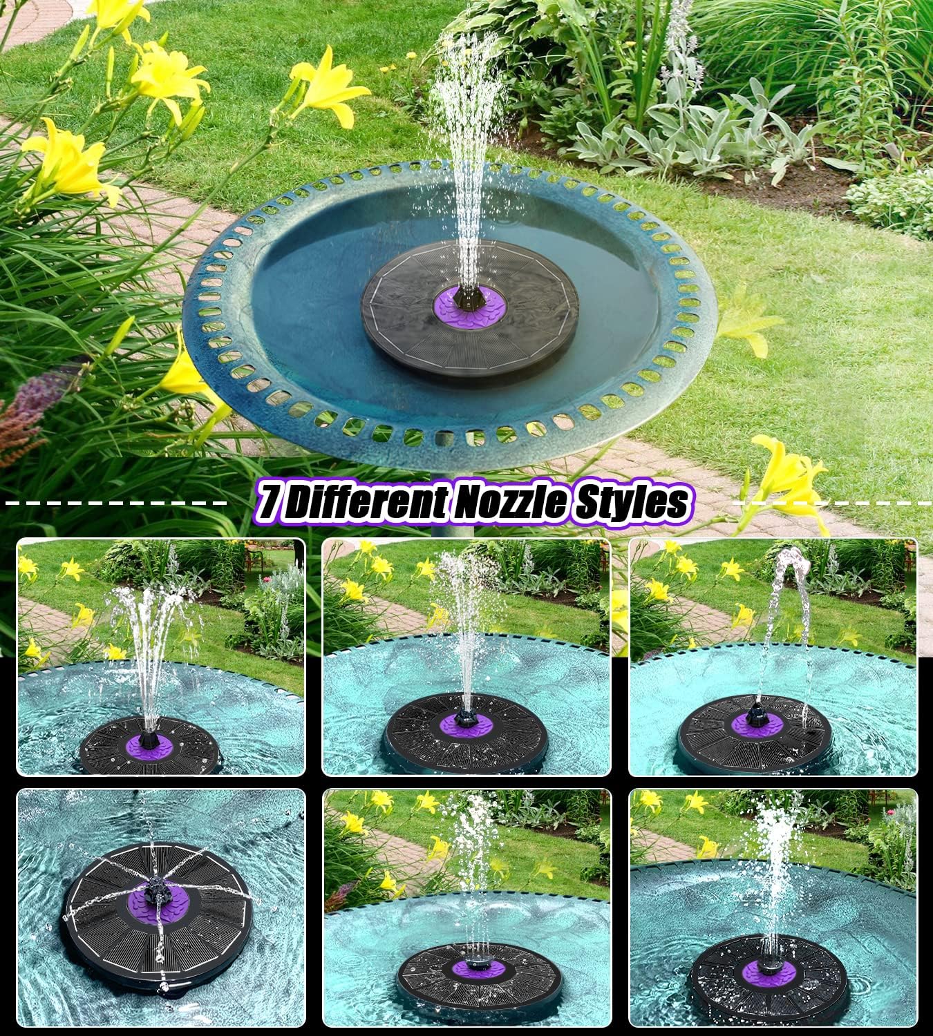 SZMP Solar Fountain 3.5W Bird Bath Fountains with Flower Upgraded Glass Panel, Solar Powered Water Fountain with 7 Nozzle & 4 Fixer, Solar Fountain Pump for Bird Bath, Garden, Pond, Pool (Black)