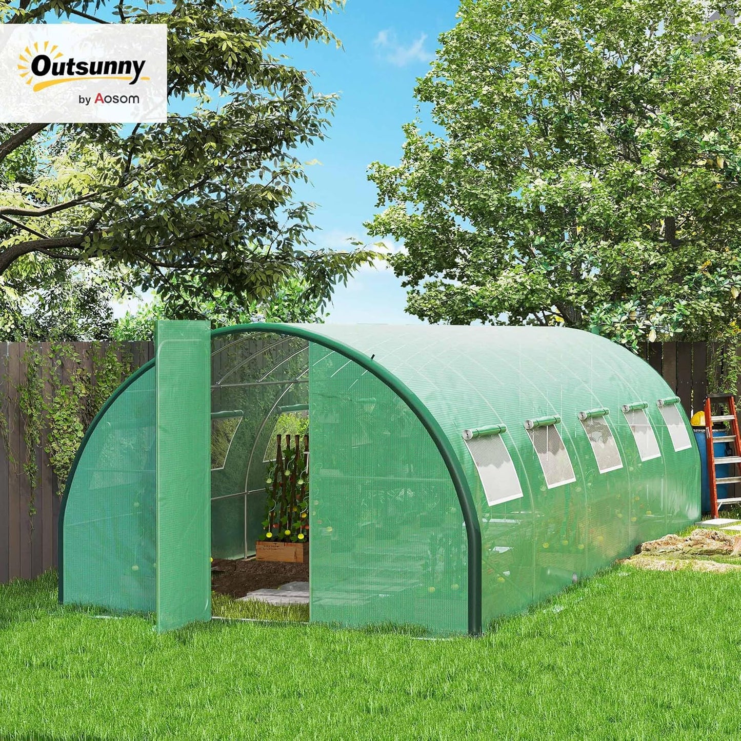 Outsunny 25' x 10' x 6.6' Walk-in Tunnel Greenhouse with Upgraded Structure, Outdoor Green House with 2 Hinged Doors, 10 Mesh Windows, Gardening Plant Warm House Tent, Green