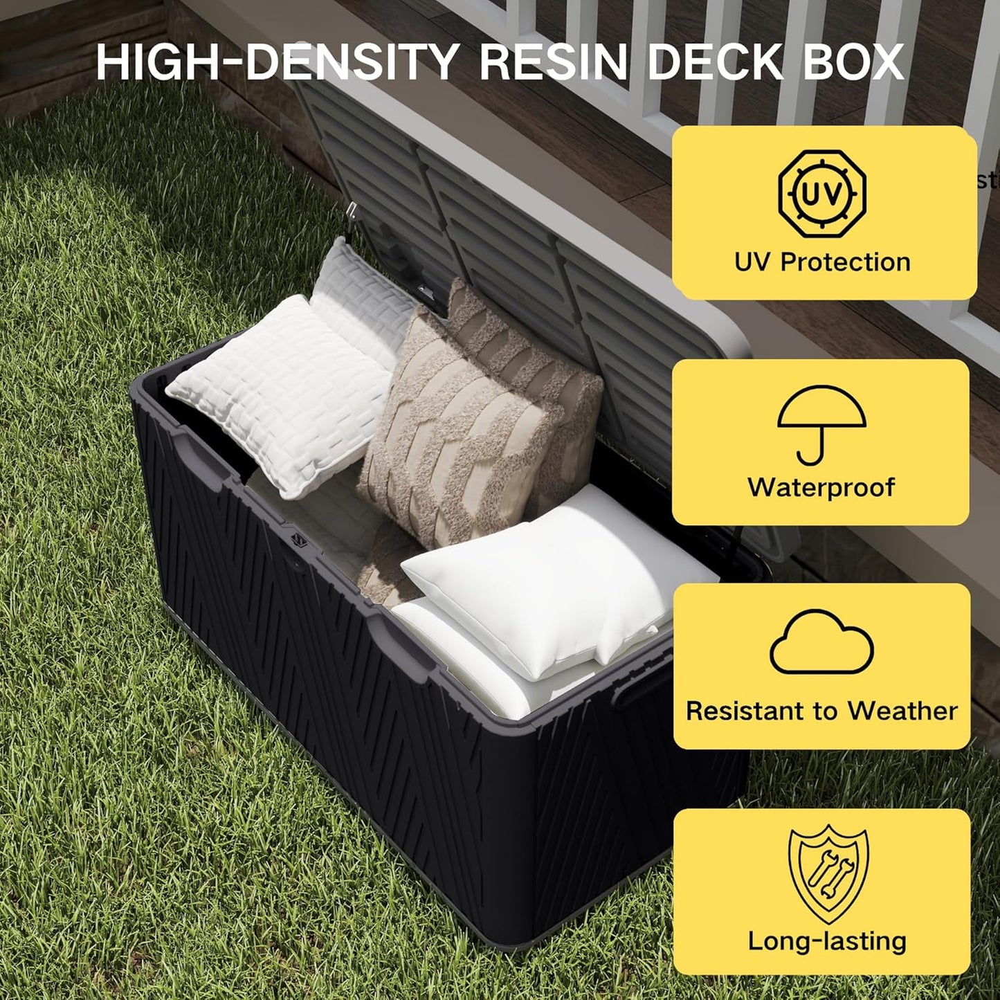 Kingdura 110 Gallon Outdoor Storage Box, Waterproof Resin Deck Box for Indoor and Outdoor Use, Lockable Storage Container for Patio Furniture Cushions Garden Tools (Black, 110 Gallon)