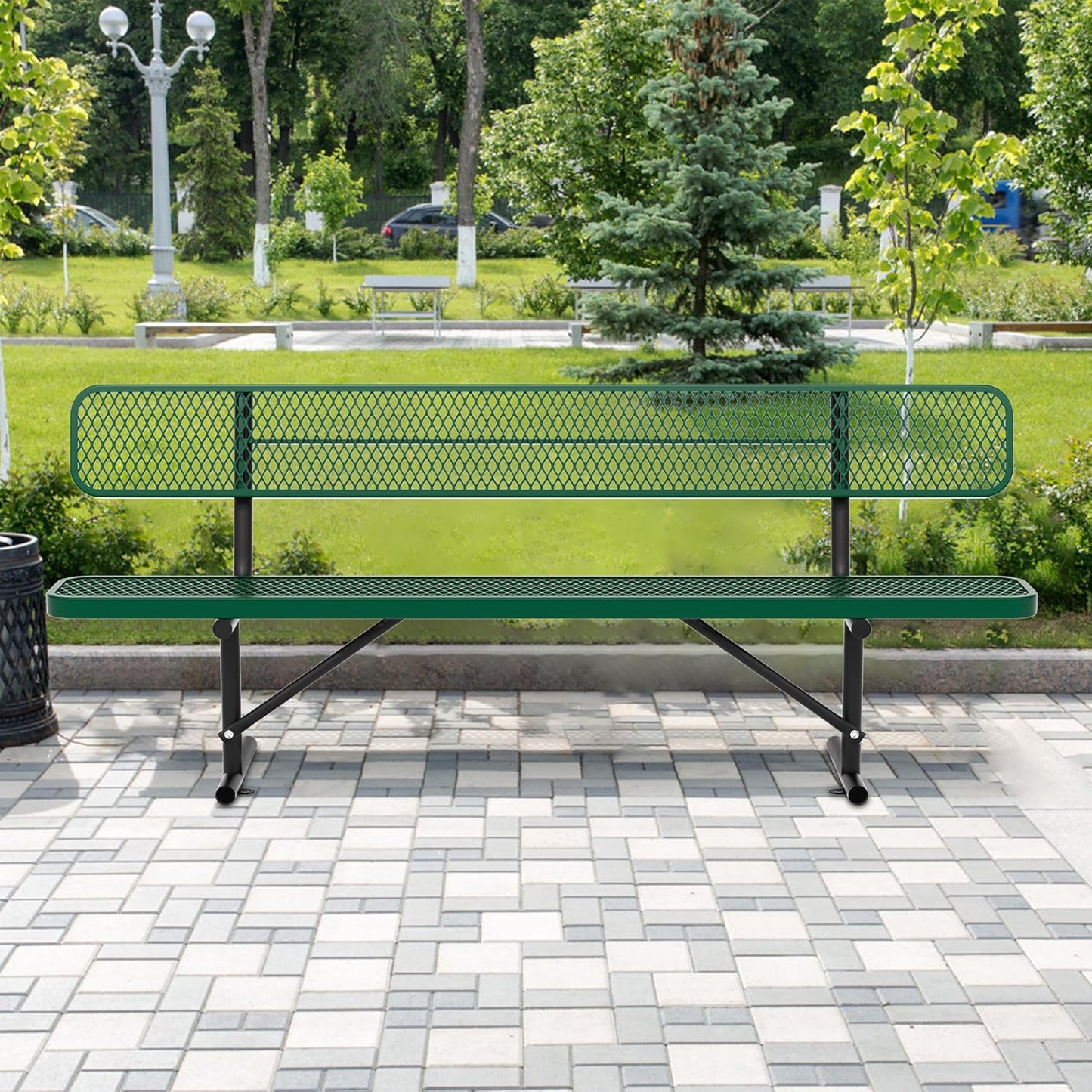 8 Feet Heavy Duty Metal Park Bench for Outside, Outdoor Bench with Backrest & Portable Frame, Commercial Benches for Shopping Malls, Stores, Parks, Patios, Decks, Green