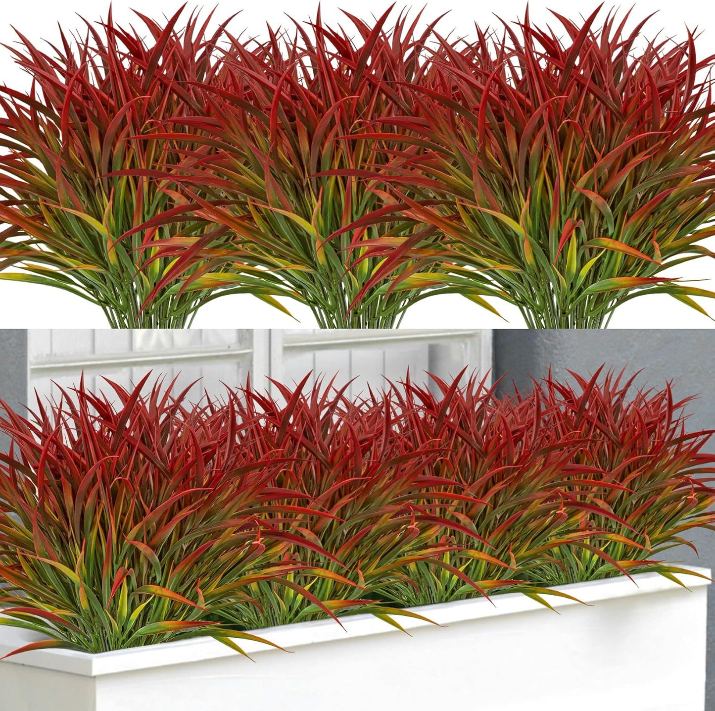 Ouddy Decor 16 Bundles Artificial Plants Outdoor Fake Grass Greenery Stems UV Resistant Faux Plastic Plants Shrubs for Autumn Home Garden Pathway Farmhouse Front Porch Harvest Thanksgiving Decor, Red