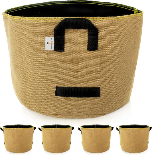 Grow Bags: 5-Pack (Size: 20 Gallon): Thick Jute Material + Inside Felt Fabric Liner, w/Yellow Stitch. Very Biodegradable and eco-Friendly Material. (Handles + Dumping Handles-pat.Pend).