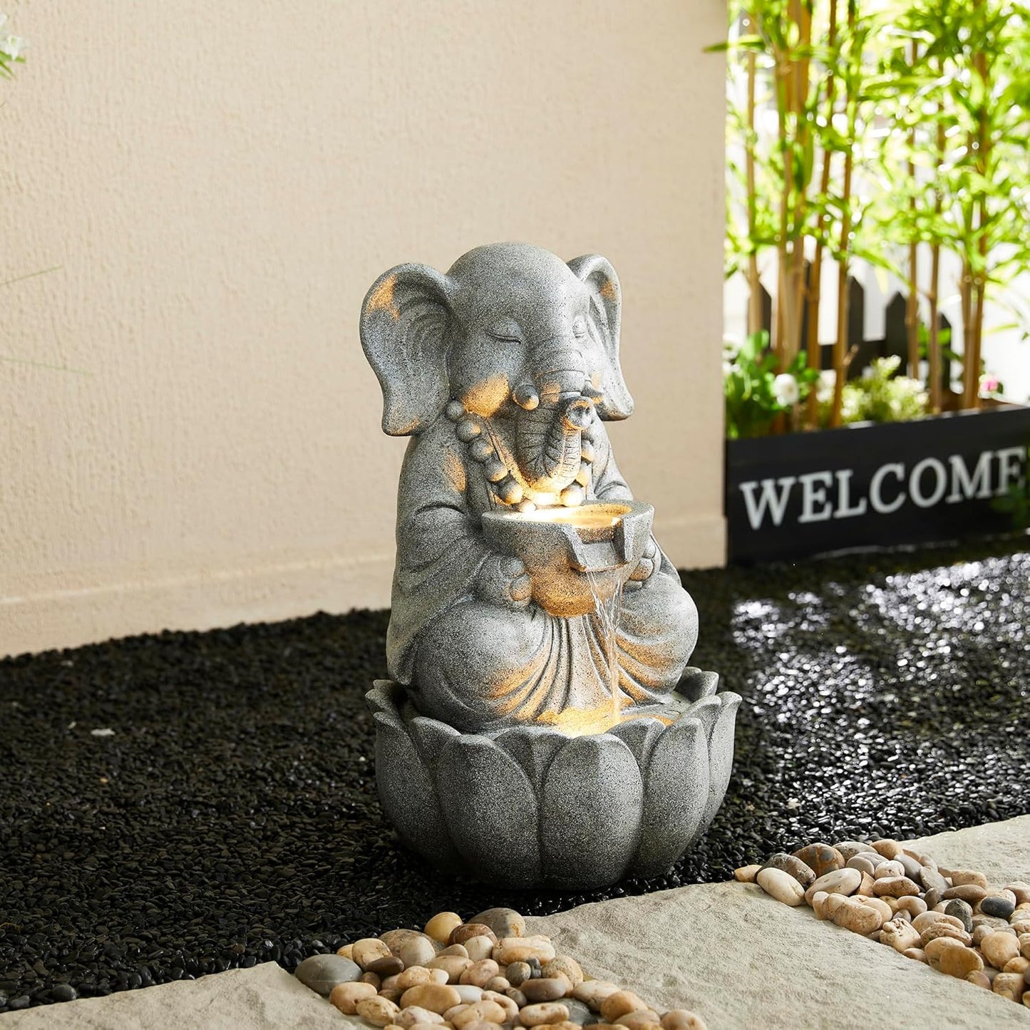 Glitzhome Outdoor Fountains and Waterfalls Zen-Style Concrete Resin Elephant Water Fountains with LED & Pump, Garden Patio Water Fountain Yard Fountain 2 Tier Floor Waterfall for Backyard Lawn 22" H