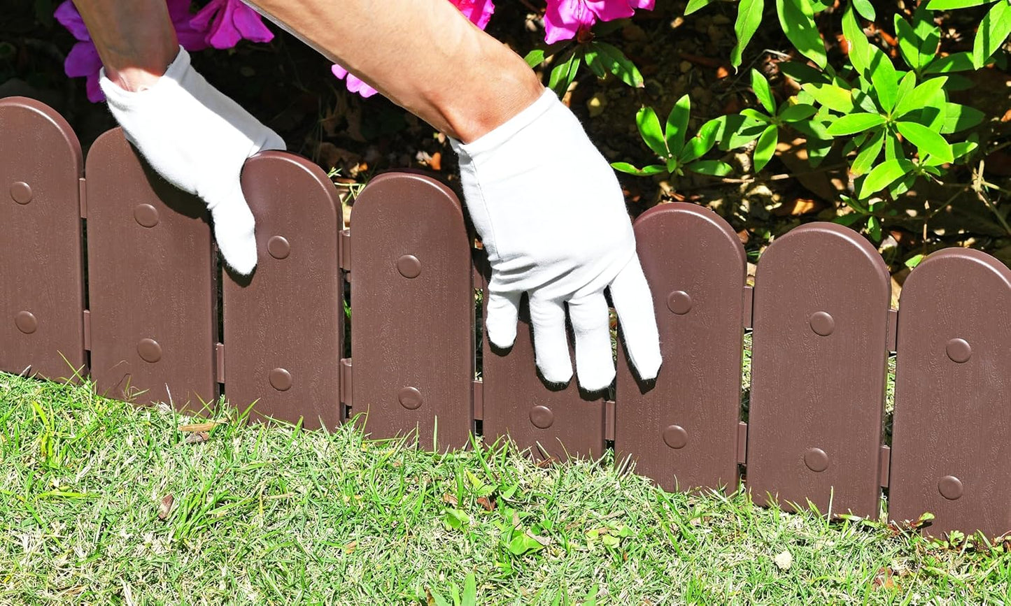 Evelyne Garden Border Plastic Edging: Wooden Fence Design - 16pcs Brown Yard Landscaping Fence Liner Lawn Edge Barrier - 20ft Kit of Decorative Lawn Panels Elements -Landscaping Edging-GMT-10374-A16