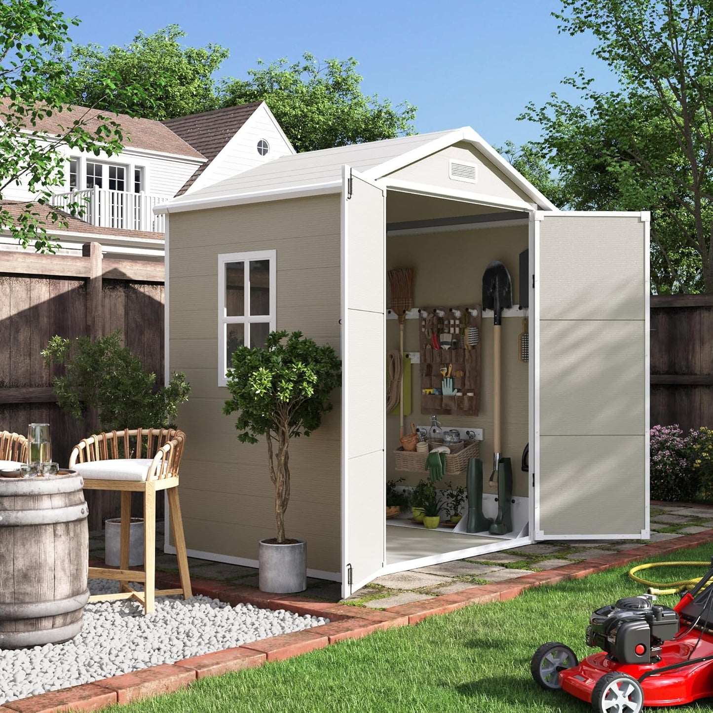 UDPATIO Outdoor Storage Shed 6x4.5 FT, Plastic Resin Outside Sheds & Outdoor Storage for Trash Can, Bike, Lawnmower, Generator, Tool Shed with Lockable Door for Backyard, Lawn, Patio, Sandstone