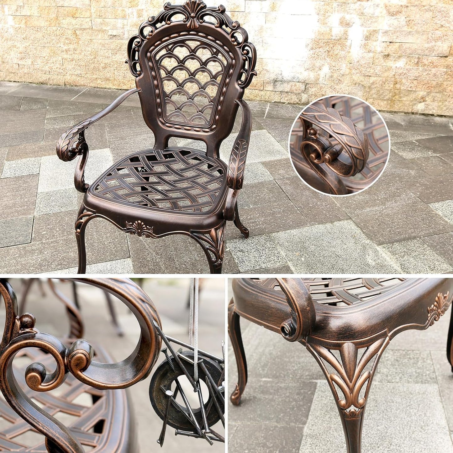 Outdoor Dining Chair Cast Aluminum Patio Chairs Set of 2 All-Weather Patio Dining Chair with Adjustable Feet for Backyard Garden (Avion Chair)