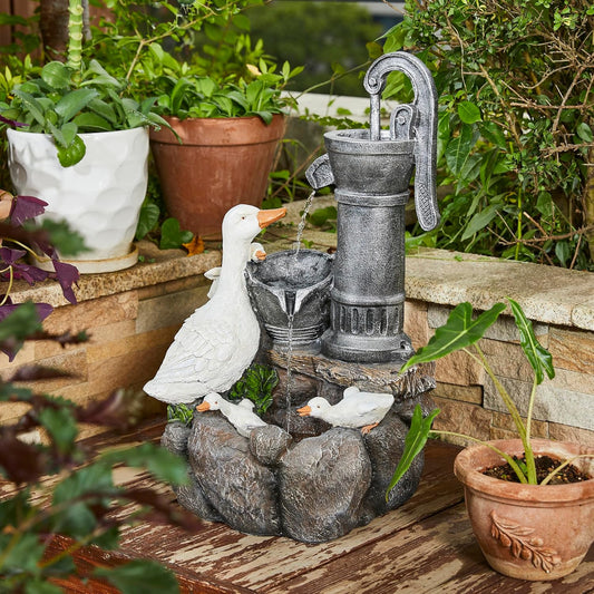 Glitzhome 24" Farmhouse Duck Outdoor Fountain with LED & Pump – 2-Tier Cascading Water Fountain for Outside Garden Decor - Rustic Waterfall for Backyard, Garden, or Patio Decor