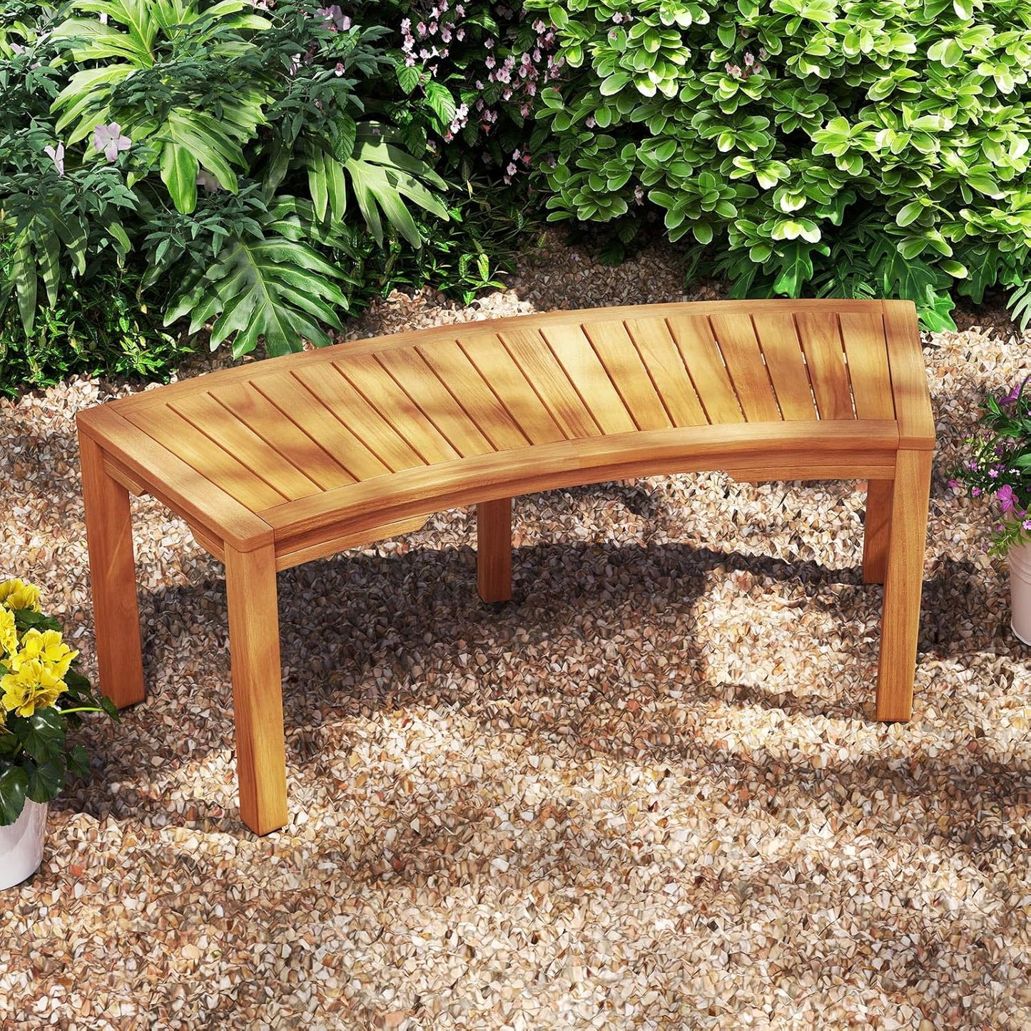 Tangkula Outdoor Curved Bench, Acacia Wood Fire Pit Bench w/Slatted Seat, Patio Backless 2-Person Seating for Porch, Yard, Garden, 800 LBS Max Load, Oil Painted (1, 45")