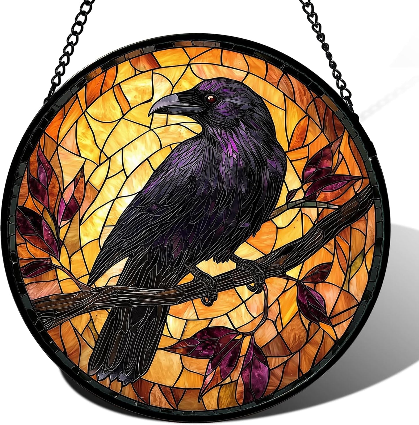 Stained Glass Window Hanging - Crow on a Branch Suncatcher Ready to Hang Window Doors Home Decoration and Christmas, Mother's Day Birthday Gifts for Women, Men, and Mom 14.9x14.9 in