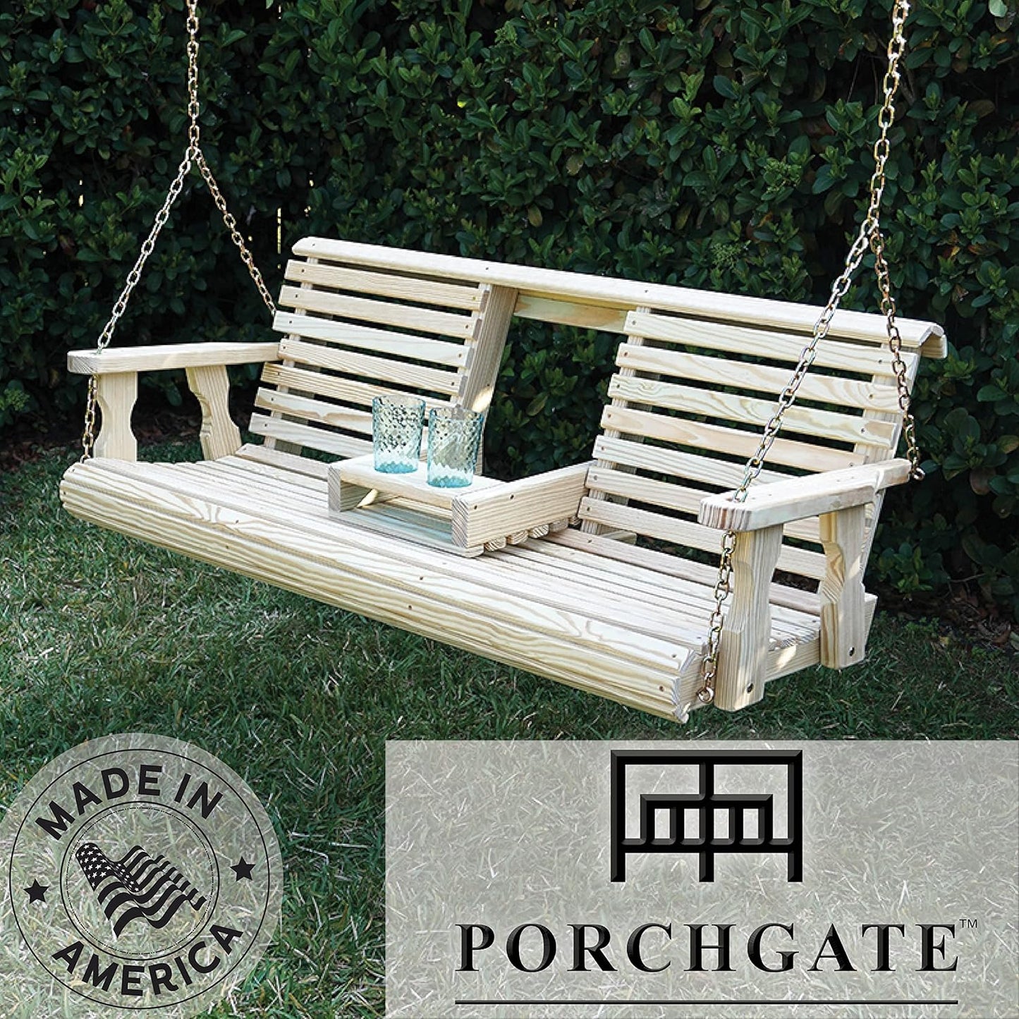 Porchgate Amish Heavy Duty Console Porch Swing with Fold Down Cup Holders in Unfinished - Amish Made in The USA from Treated Pine, Hanging Chains Included