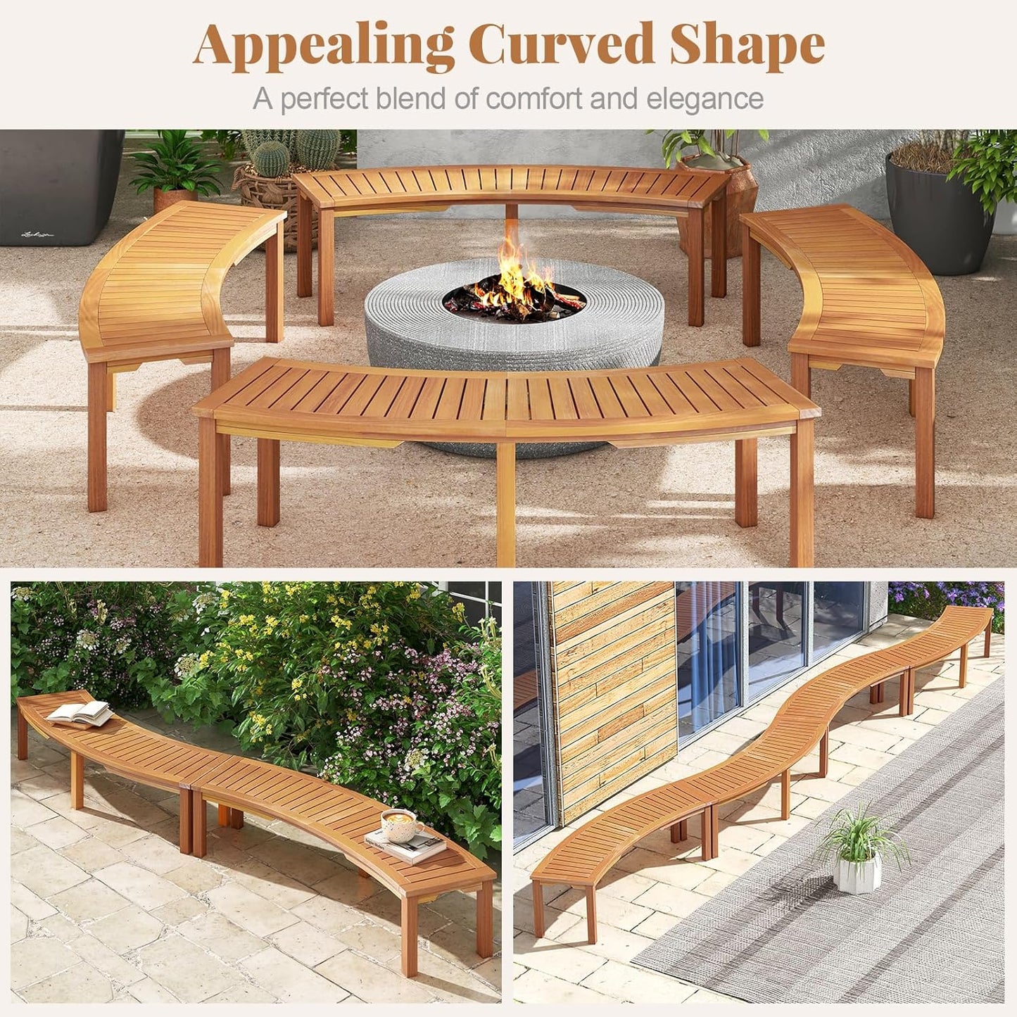 Tangkula Outdoor Curved Bench, Acacia Wood Fire Pit Bench w/Slatted Seat, Patio Backless 2-Person Seating for Porch, Yard, Garden, 800 LBS Max Load, Oil Painted (2, 58")