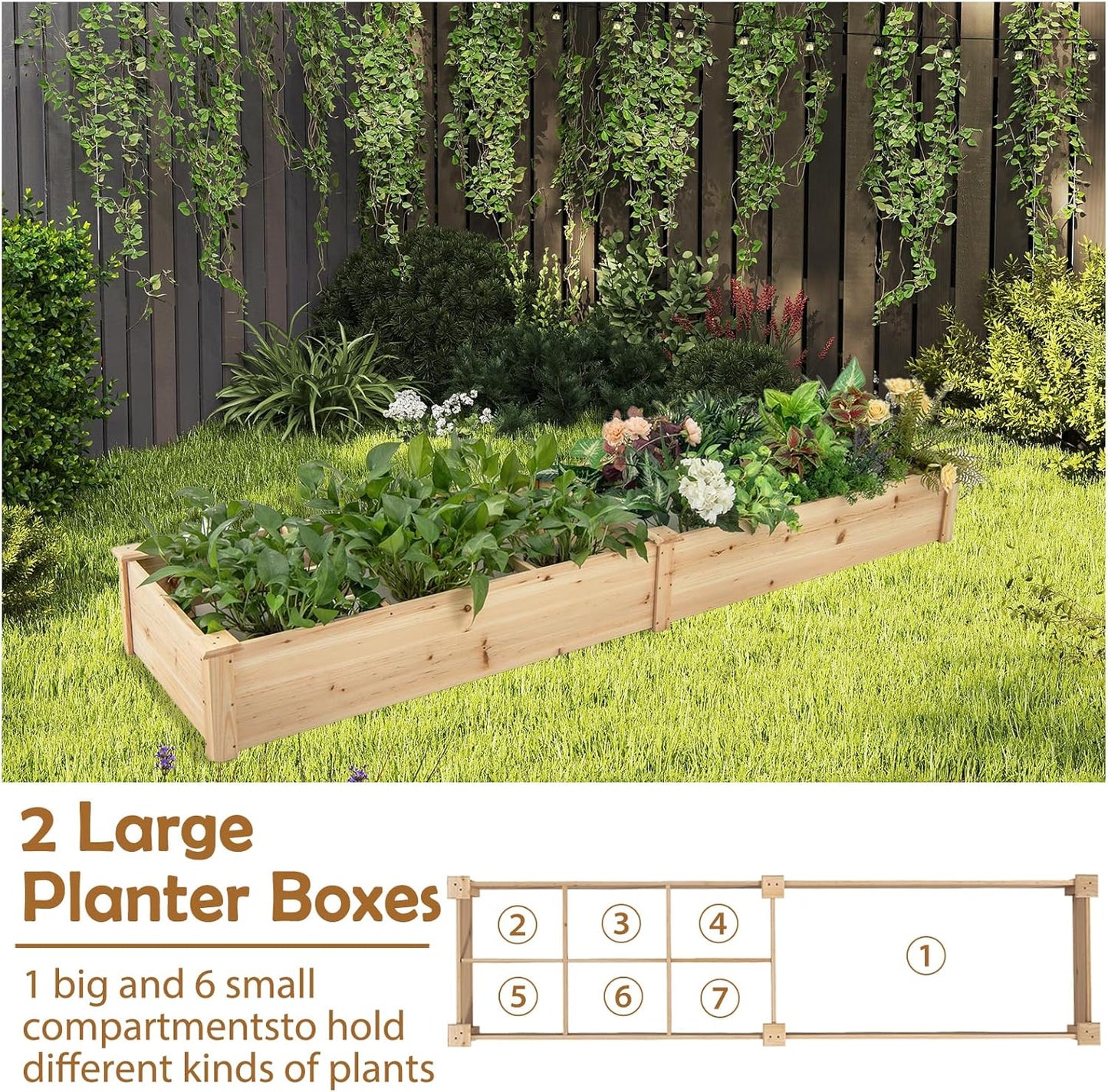 HAPPYGRILL Raised Garden Bed, Wooden Planter Raised Bed w/2 Garden Boxes, 7 Compartments, DIY Painting Available, Elevated Planter Box for Patio Garden Backyard Lawn Gardening, 90” x 25” x 10”
