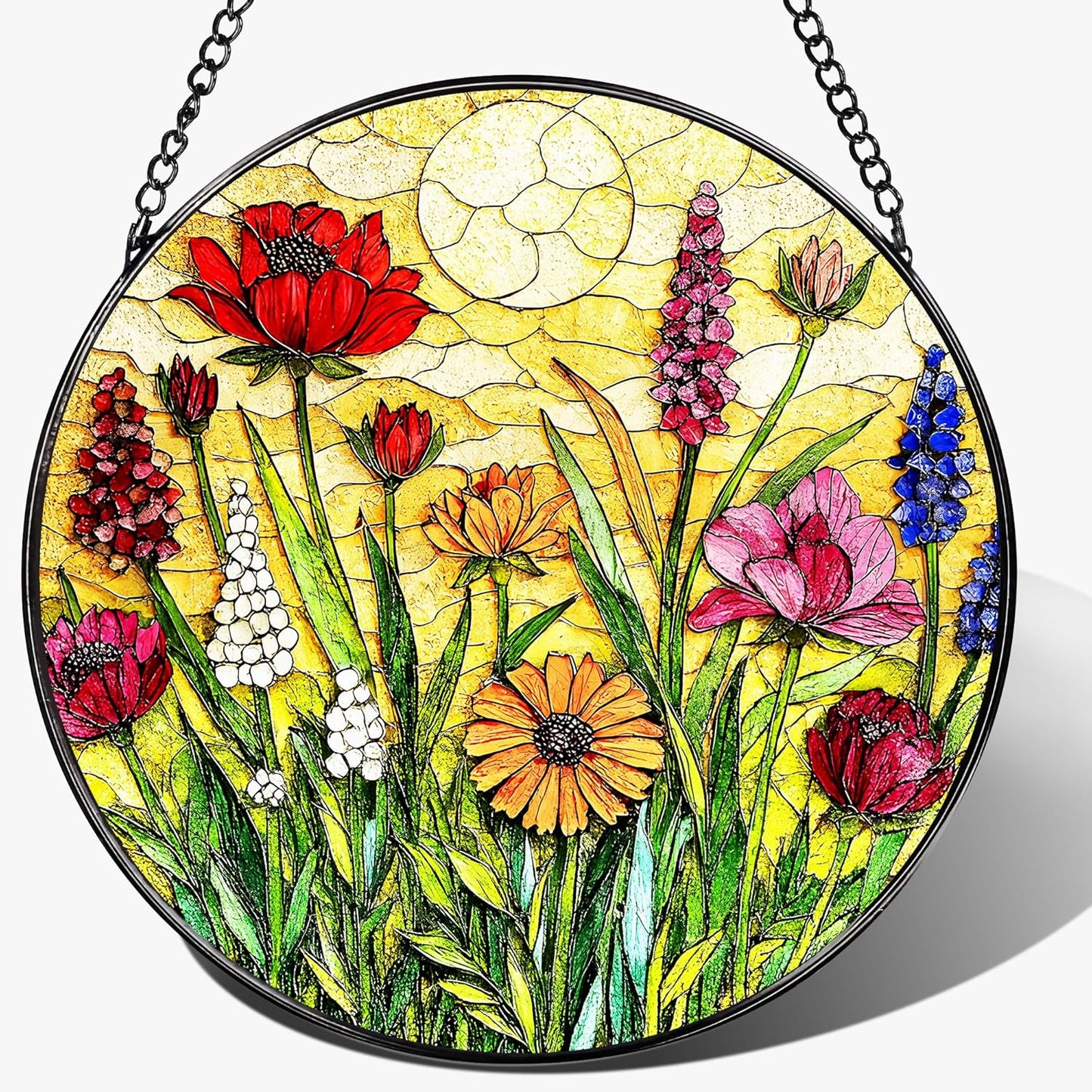Stained Glass Window Hanging, 8 Inch Wildflower Stained Glass Suncatcher, Colorful Floral Window Hanging, Home Decor for Windows, Flower Lover Gifts, Garden Lover Gift, Gifts for Women, Mom, Grandma