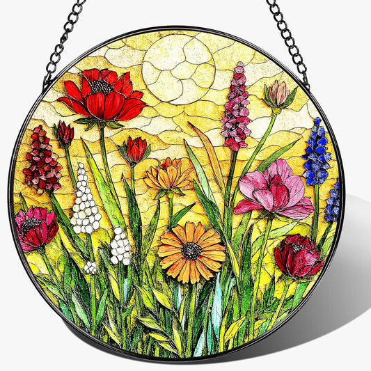 Stained Glass Window Hanging, 8 Inch Wildflower Stained Glass Suncatcher, Colorful Floral Window Hanging, Home Decor for Windows, Flower Lover Gifts, Garden Lover Gift, Gifts for Women, Mom, Grandma
