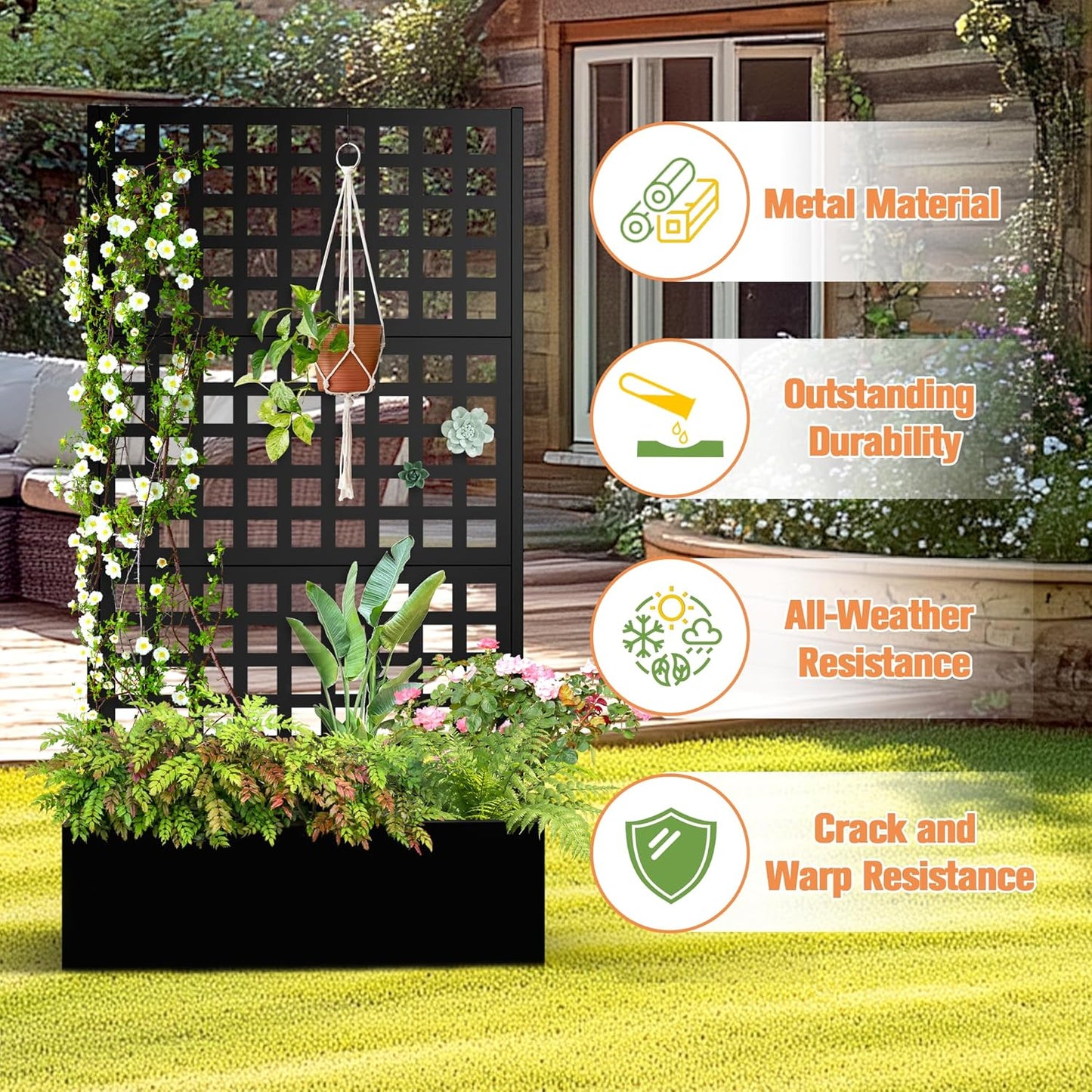 Metal Planter Box with Trellis & Wheels, Raised Garden Bed with Privacy Screen, Outdoor Standing Flower Beds with Drainage Hole for Climbing Plants, Vine, 35" Lx16 Wx71 H