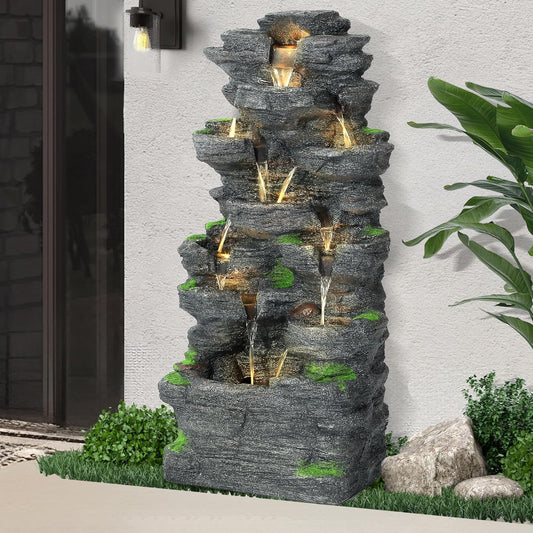 40" H 10-Tiers Cascading Rock Water Fountain Outdoor - Waterfalls Fountains with LED Lights, Outdoor/Indoor Resin Fountain for Patio, Garden, Backyard, Deck, Porch, Home Art Docor(40''H)