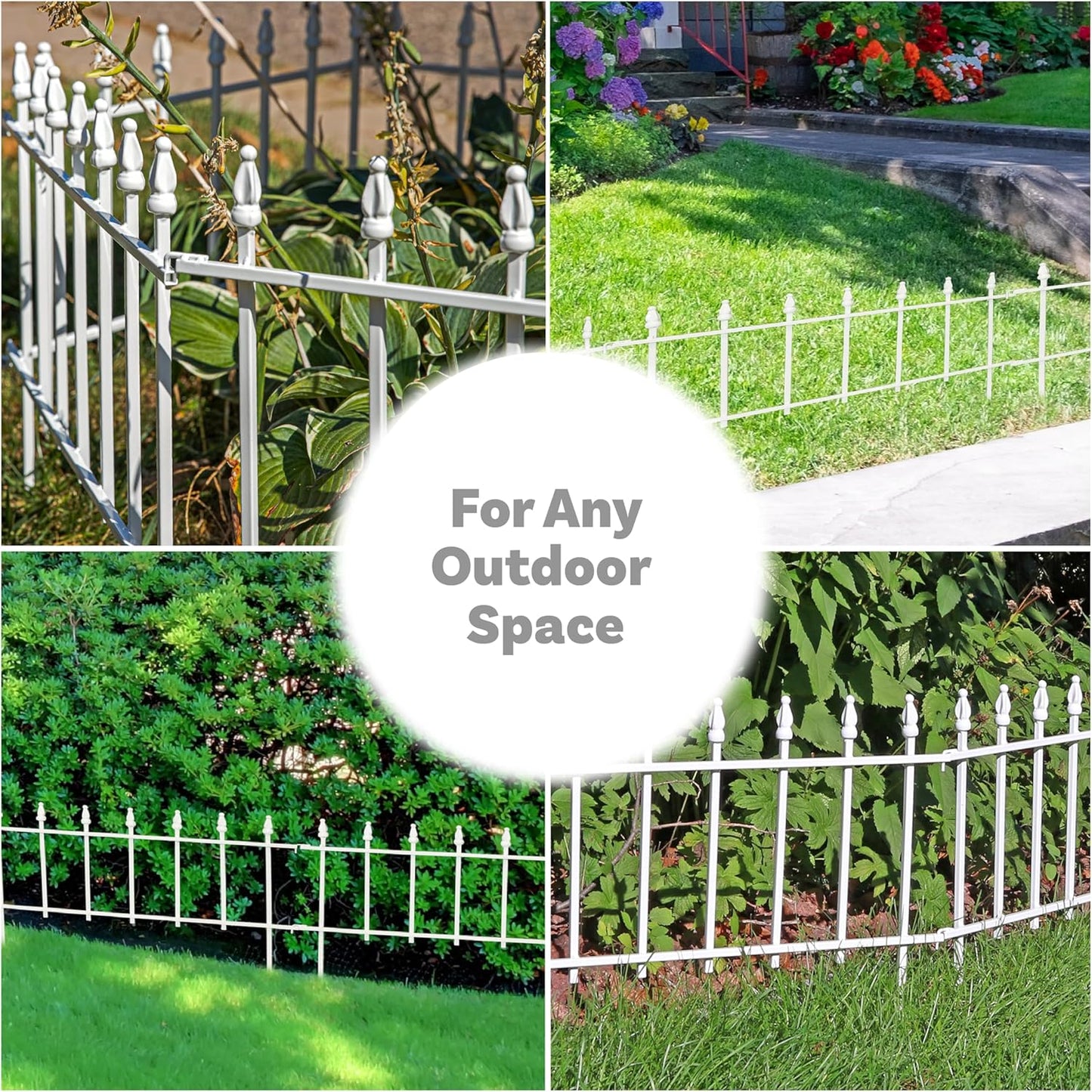 Sunnydaze 5-Panel Roman Iron Decorative Garden Fence Border - 9ft L x 18in H No Dig Metal Garden Fencing for Animal Barrier, Flower Bed, Yard - White